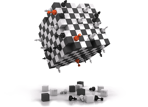 3d image of a chessboard styled cube and chess pieces