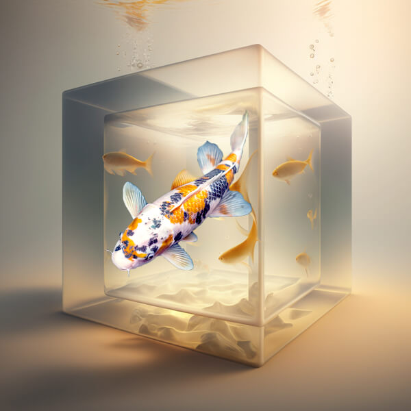 surreal image of koi in a transparent cube