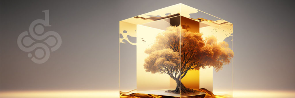 Surreal image of a golden-leaved tree in a transparent cube