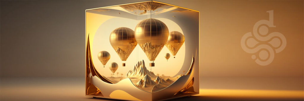 Surreal image of a group of hot-air balloons in a transparent cube