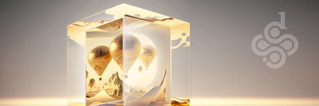 Surreal image of hot-air balloons in a transparent cube