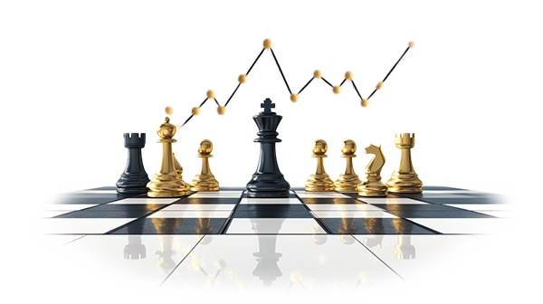 artistic image of a chessboard with a business growth chart above it