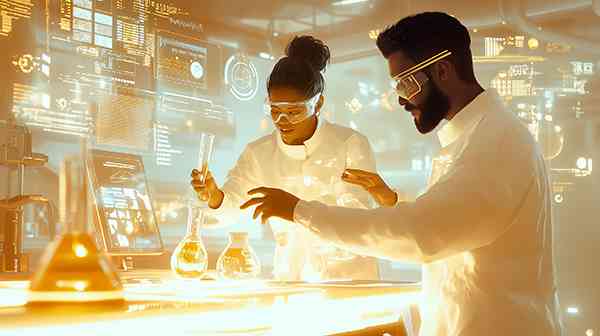 Two lab technicians working on a formula